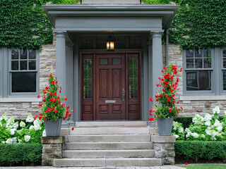 Fototapeta na wymiar House with elegant wood grain door, surrounded by ivy and red amaryllis and white hydrangea flowers