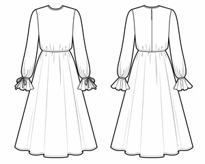 Bohemian dress fashion, woman round neck long dress technical drawing, front, back view