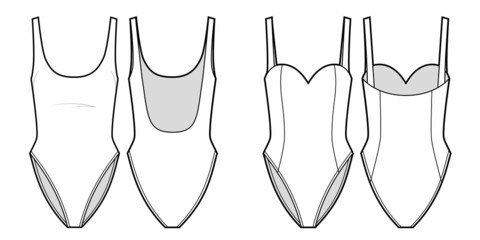 Set of swimwear. One piece swimsuits fashion illustrations.