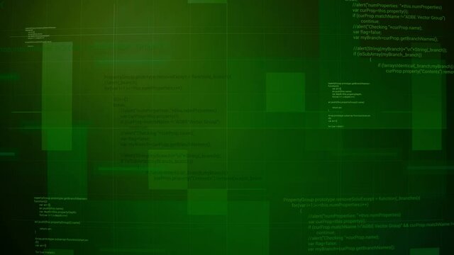 Computer codes are written on shimmering background. Motion. Colored squares move quickly on background with program codes. Small program codes are written on background of flickering squares