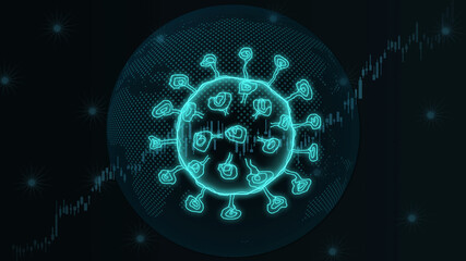 3d illustration transparent covid-19 virus model or coronavirus case of respiratory epidemic or damage the lungs on world map background and candlestick stock graph chart