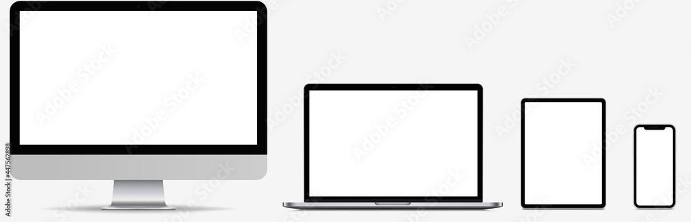 Poster mockup of realistic computer, laptop, tablet and smartphone with transparent wallpaper screen isolat