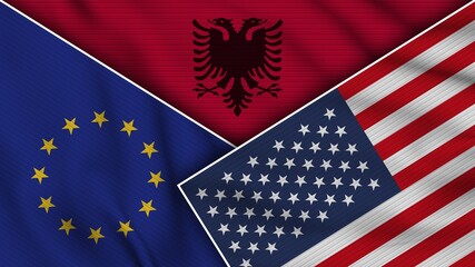 Albania United States of America European Union Flags Together Fabric Texture Effect Illustration