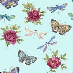 Colorful watercolor pattern. Botanical seamless pattern with butterflies, flowers and dragonflies. Background for design, scrubbing, print, wallpaper, wrapping paper, postcard.