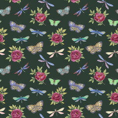 Seamless watercolor pattern. Botanical pattern of butterflies, flowers and dragonflies. Background for design, scrubbing, print, wallpaper, wrapping paper, postcard.