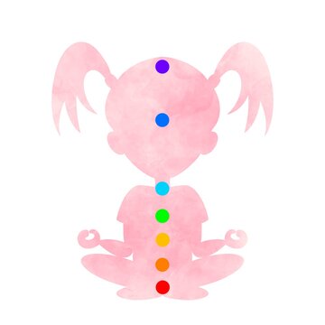 Pink painted child girl silhouette of yoga lotus position with chakra colored circles. Hand drawn digital illustration. Print quality for children