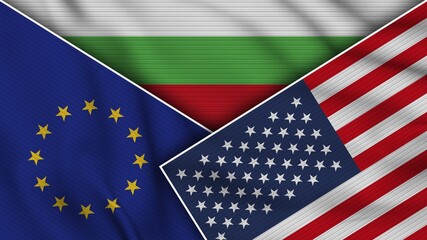 Bulgaria United States of America European Union Flags Together Fabric Texture Effect Illustration