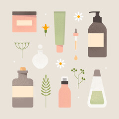 Natural organic cosmetics set. Collection of eco friendly herbal beauty products. Packaging, containers. Skincare, body care concept. Oil, cream, scrub for skin care. Isolated vector illustration