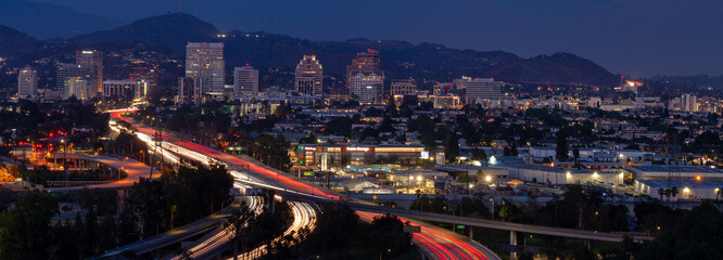 The 134 freeway leading into Glendale CA at blue hour. 
