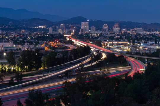 The 134 freeway leading into Glendale CA at blue hour. 