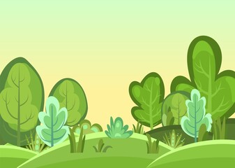 Flat hill forest. Illustration in a simple symbolic style. Funny green landscape. Comic cartoon design. Cute scene with trees. Country Wild Scenery. Vector