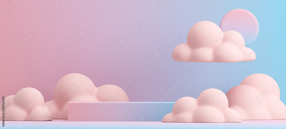 Poster summer mockup concept for product presentation. blue gradient podium and pink cloud scene. clipping 