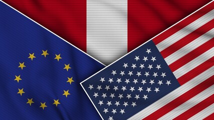 Fototapeta premium Peru United States of America European Union Flags Together Fabric Texture Effect Illustration