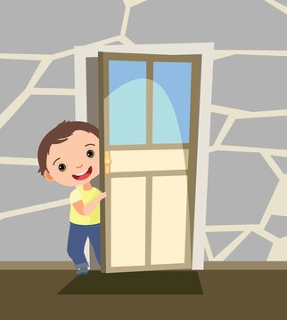 Child peek in the door. Opened the entrance. Funny boy kid. View from inside the room. Cartoon style. Flat design. Vector