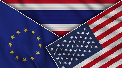 Thailand United States of America European Union Flags Together Fabric Texture Effect Illustration