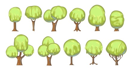 Set of fabulous sweet trees. For landscapes with green caramel, ice cream or jelly. Perspiration. Childrens fun illustration. Cartoon style. Vector.