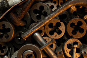 old rusty locksmith dies and taps for tapping. Lie box top view.