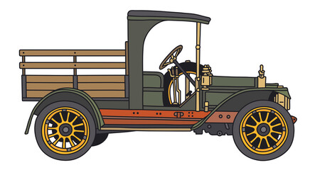 The vectorized hand drawing of a vintage green lorry truck