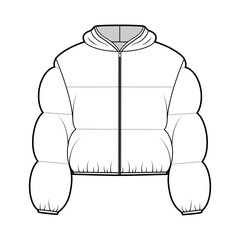 Hooded jacket Down puffer coat technical fashion illustration with long sleeves, zip-up closure, boxy fit, crop length, wide quilting. Flat template front, white color. Women, men top CAD © Vectoressa