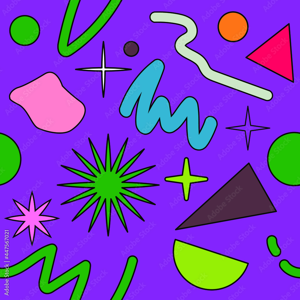 Poster neo-memphis seamless pattern with different geometric shapes. retro 80's-90's style.