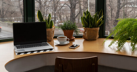 Office desk with laptop with blank screen and mock up. Workplace with computer, plants, coffee and phone on wooden table near window. Work, technology and business.. Panoramic