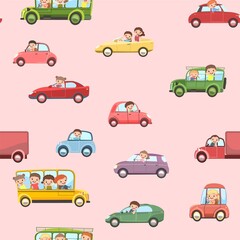 Children drive cars. Seamless cartoon pattern. Kids motorists. Childrens background illustration. Various automobiles. Toy vehicle, motor. Car and truck auto. Vector