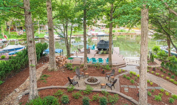View of Home Lakeside Landscaping in Morning Light