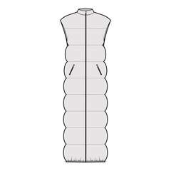 Down vest puffer waistcoat technical fashion illustration with sleeveless, stand collar, zip-up closure, maxi length, wide quilting. Flat template front, grey color. Women, men, unisex top CAD mockup