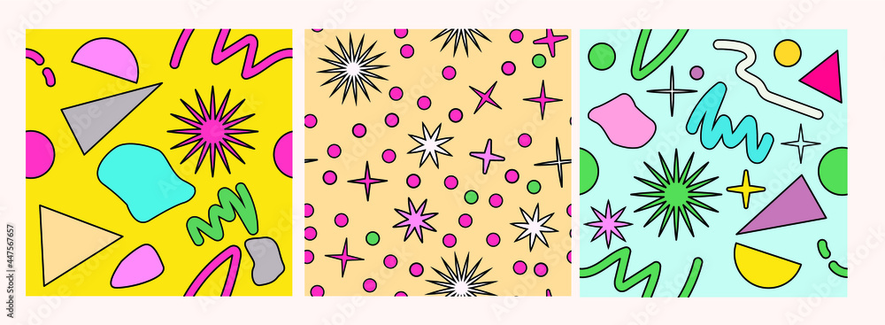 Poster Neo-memphis seamless pattern with different geometric shapes. Retro 80's-90's style.
