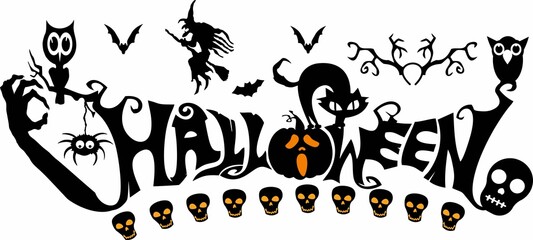 Halloween banner decorated with witch, cat, bat, spider and pumpkin