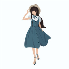 Anime girl in a blue dress and hat, without a face, vector graphics
