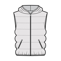 Hooded Down vest puffer waistcoat technical fashion illustration with sleeveless, loose fit, hip length, classic quilting. Flat template front, grey color style. Women, men, unisex top CAD mockup