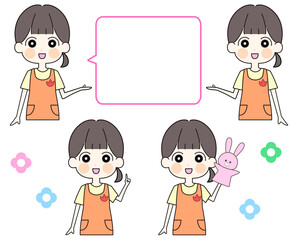 女性保育士　吹き出し付き　イラストセット