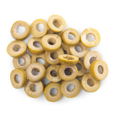 Cut fresh green olives on white background, top view