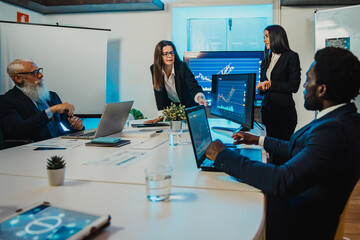 Diverse businesspeople discussing data in boardroom
