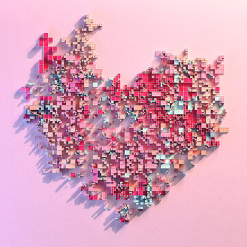 Minimalist pixelated 8-bit fractured heart flatlay