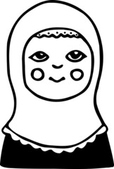 Modest Muslim school girl in hijab. Hand-drawn portrait of high school student. College pupil avatar. Cute female character. Black and white doodle. Vector outline flat illustration of young woman.