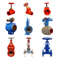 nine valves of various designs with automatic and manual control for a gas pipeline on a white background - 447568871