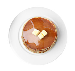 Fototapeta na wymiar Stack of tasty pancakes with butter and honey on white background, top view