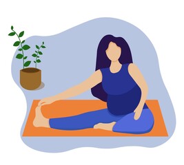 Fototapeta na wymiar Pregnant woman in sport wear doing yoga in room. Sport illustration for pregnant body health. Childbirth preparation exercises by meditation and relaxation.