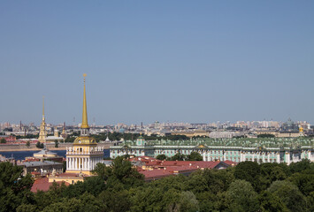 panoramic top view of the historical part of the city and the spire of the Admiralty building and the blue sky on a sunny summer day in Saint-Petersburg Russia