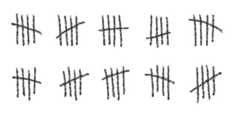 Charcoal tally marks. Hand drawn sticks sorted by four and crossed out by slash line. Day counting symbols on prison wall. Unary numeral system signs isolated on white background. Vector illustration