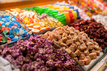 Variety of Turkish signature local foods known as Turkish Delight available for sale mostly in all areas in Turkey country
