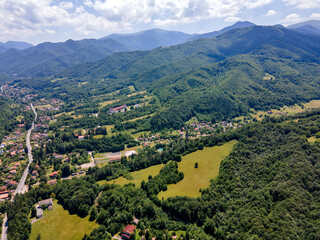 Naklejka na ściany i meble Aerial view of village of Ribaritsa at Balkan Mountains, Bulgaria