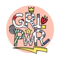 GRL PWR lettering girl power feminist colored slogan doodle style