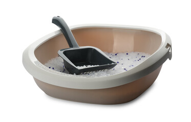 Beige cat litter tray with filler and scoop isolated on white