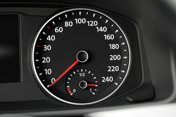 Fototapeta premium Speedometer on modern car dashboard, closeup view