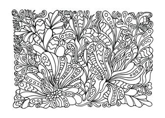Coloring book, zen tangle style, for adults, patterns of stylized flowers and leaves.Vector illustration, black and white line art, anti stress, doodle