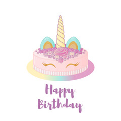 Cute Unicorn Cake with Flowers Vector Isolated. Birthday Pink Cake.
