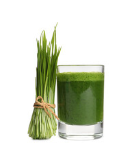 Glass of fresh wheat grass juice and sprouts on white background